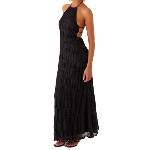 Image of Women Summer Backless Beach Maxi Dress Spaghetti Strap Sleeveless Smocked Tulle Flowy Vacation Long Dress
