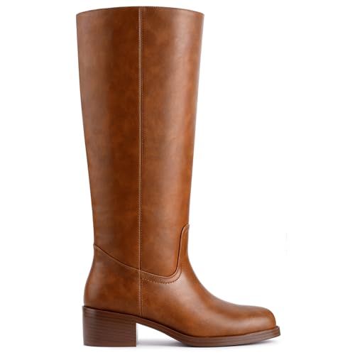 Image of Gothictor Women's Banana Knee High Boots Square Toe Chunky Block Heel Comfortable Low Heel Pull on Wide Calf Riding Long Boots for Women