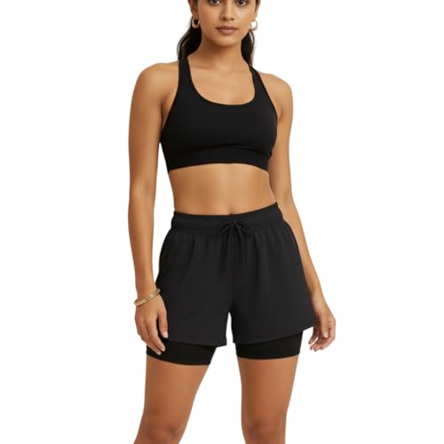 Image of Women's 2-in-1 Athletic Shorts with Inner Tights Layer, Drawstring Waist, for Running, Gym & Sports, Plus Size S to 6XL