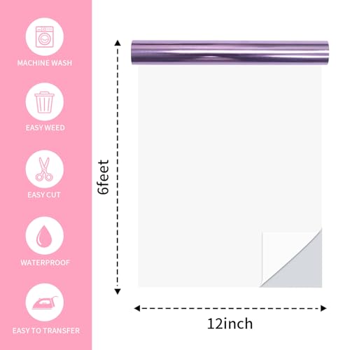 Image of Purple Heat Transfer Vinyl Roll, 12 inch x6Ft Mirror Metallic Iron on Vinyl, Soft Metallic Foil HTV for T-Shirt, Chrome HTV Easy to Cut & Weed for Heat Vinyl Design