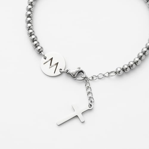 Image of Initial Cross Silvery Bracelets for Women Trendy, Initials Cross Charm Beaded Bracelet, Christian Gifts for Women, Baptism Confirmation Christmas Inspirational Gifts for Mom Daughter Friend Sister