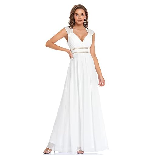 Ever-Pretty Vestidos de Fiesta Largo para Mujer Escote en V A-línea con Lentejuelas Gasa Elegantes Blanco 42