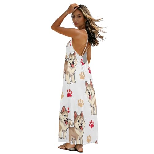 Robe d'été dos nu femme à bretelles avec imprimé husky