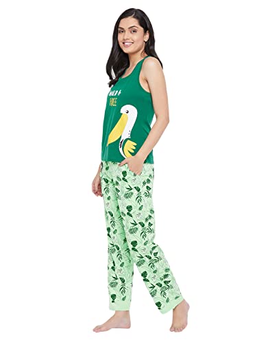 Image of Clovia Women's Cotton Printed Tank Top & Pyjama Set - Green