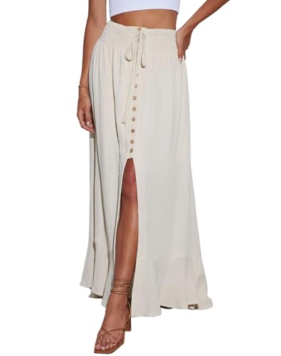 Orchidays Women's Maxi Skirt Flowy Summer Long Skirts Tie Elastic Waist Button Up Slit Front Dresses