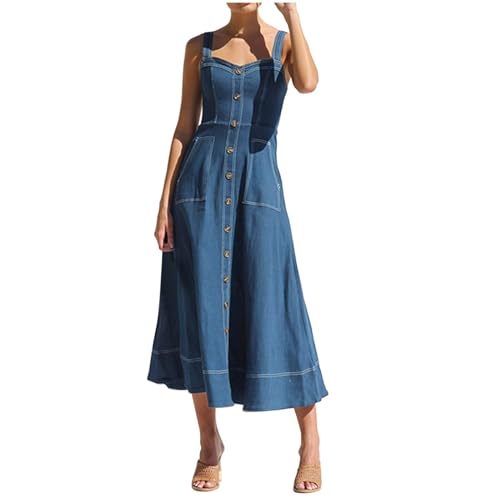 Damen Jeanskleid a Linie Lang Trägerkleid Casual Ladies Denim Dungarees Dress Rock Split Knopf up Sommerkleid Verstellbar Träger Loose Fit...