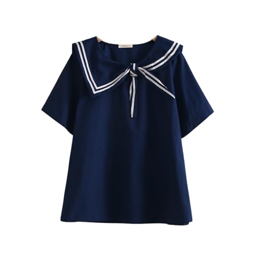 BAIMORE Teen Girls Japanese Style Asymmetrical Striped Sailor Collar Tie Front Short Sleeve Blouse