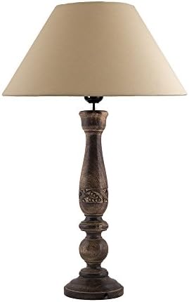 Homesake® Handcrafted Wooden Table Lamp for Bedroom & Living Room|Decorative Bedside Reading Lamp with Fabric Shade, E27 Holder|Bulb Included|Black Floral Carved Base for Home Décor, Golden