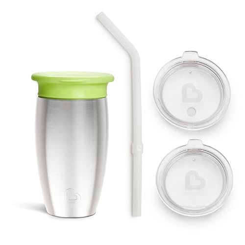 Image of Munchkin Sippy Cup for Toddlers, Miracle 360 Stainless Steel with Straw Cup and Open Sipper Lid Grow with Me Kit, 10 Ounce, Green