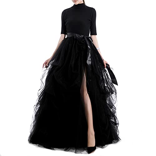 Qmker Women's Long Tutu Tulle Skirt A Line Floor Length Black Special Occasion Night Out fold Skirt