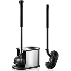 HAMITOR Toilet Plunger and Brush Set: 2 in 1 Stainless Steel Rustproof Combo with Deep Cleaning Curved Bristles - Heavy Duty Toilet Unclogging for Family Bathroom - Compact Apartment Accessories