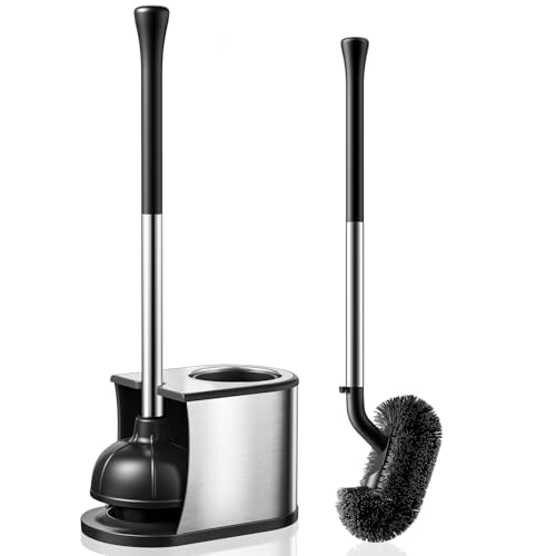 HAMITOR Toilet Plunger and Brush Set: 2 in 1 Stainless Steel Rustproof Combo with Deep Cleaning Curved Bristles - Heavy Duty Toilet Unclogging for Family Bathroom - Compact Apartment Accessories