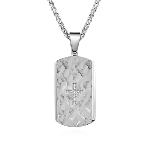 Collier pendentif acier inoxydable homme avec plaque rayures et croix zirconium 2.3x4.5CM