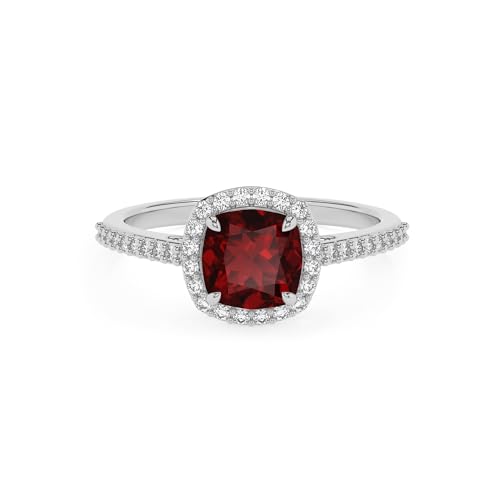 Natural Garnet Cushion Solitaire Engagement Ring with Diamond Halo for Women in Silver/Gold, January Birthstone Jewelry Gifts for Her Birthday, Anniversary, Wedding, Christmas, Mothers Day, Valentines