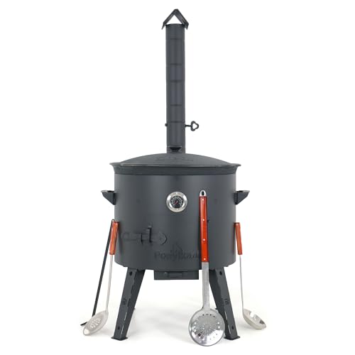 Utschak Feuerofen Ø 49 cm mit Thermometer & Gusseisen Topf 22 L Ø 52 7 cm | Kazan-Set mit Deckel | Outdoor Feuerschale & Gulaschkanone | Usbekischer Kochtopf aus Gusseisen Gartenküche