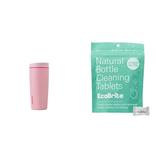 Owala SmoothSip Slider Insulated Stainless Steel Coffee Tumbler, Reusable Iced Coffee Cup, Hot Coffee Travel Mug 20 oz, Pink (Pucker Up) + EcoBrite All Natural, Powerful Cleaning Tablets (Pack of 20)