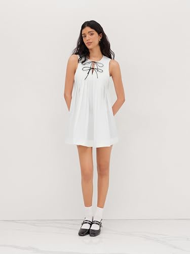 CIDER Babydoll Mini Dress Casual Tie Front Bow Pleated Short Sleeve Low Waist Crew Neck Dresses4