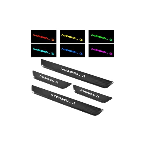POKIAUTO LED Door Sill Lights for Tesla Model 3 2017-2025 Accessories, ABS Scratch-Resistant Sill Protector with 7-Color RGB Lighting, Battery Powered Model 3 Pedal Mood Lamp, Carbon Fiber, 4PCS