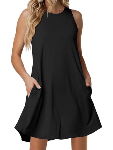 ANRABESS Women Summer Dress Built in Bra 2026 Casual Sleeveless Beach Sundress Flowy Tank Mini Short Dresses with Pockets Black Medium