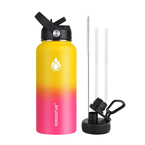 Image of SENDESTAR Stainless Steel Water Bottle, Wide Mouth 32 oz Water Bottle with Straw Lid, Spout Lid, Double Wall Vacuum Insulated Leak Proof, Keeps Liquids Hot or Cold (Yellow&Pink)