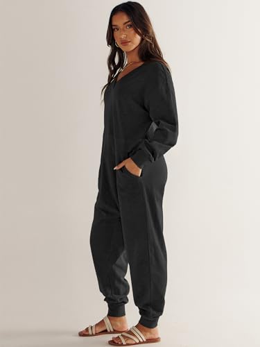 Anrabess Jumpsuits For Women 2024 Fall Long Sleeve Casual Loose Fit Romper Lounge One Piece Pajamas Outfits Jumper Black Small thumb #3