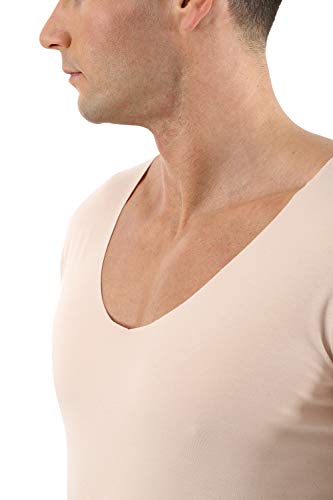 Men's Laser Cut Invisible Seamless deep v-Neck Undershirt Short Sleeves Stretch Cotton Nude Beige3