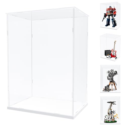 Image of Choowin Acrylic Display Case for Lego Camera 43230, Guitar 21329, Optimus Prime 10302 - Thickened Clear Acrylic Display Cases for Collectibles - Assemble Dustproof Display Box (White Base)