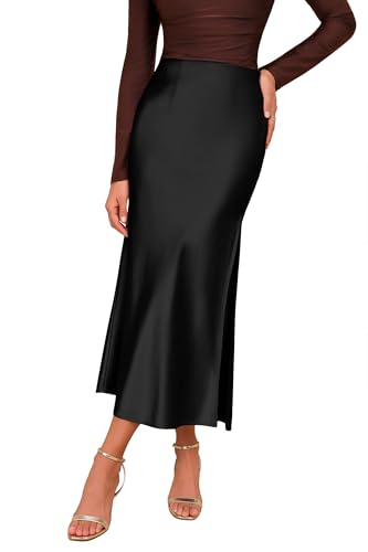 Women's Satin High Waisted Maxi Skirt Elegant Work Straight Skirts Side Split Elastic Waistband
