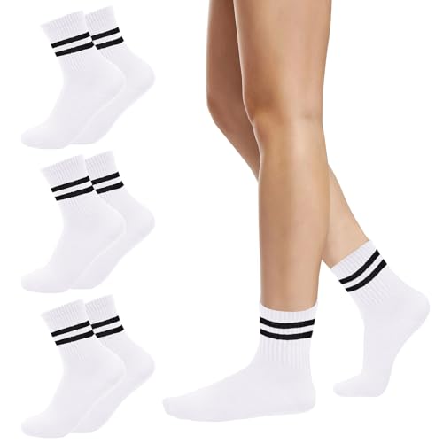 Fogrime - 3 Pairs Solid Color Two Stripe Crew Socks Casual Athletic Socks Vintage Retro Running Cotton Socks for Women Girls (CA/US, Alpha, One Size, Regular, Regular, A 3 Pairs - White)