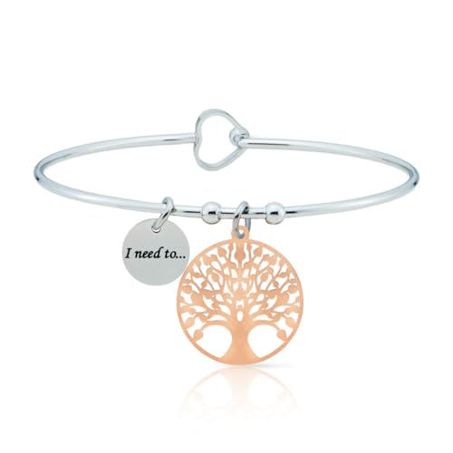 SAGA GIOIELLI® Pulsera rígida para mujer, frases pensamientos, palabras emocionales, grabado en acero, corazón rosa (árbol de la vida)