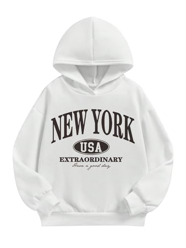 WDIRARA Girl's New York Graphic Letter Print Hoodie Sweatshirt Long Sleeve Pullover Tops City White 8Y