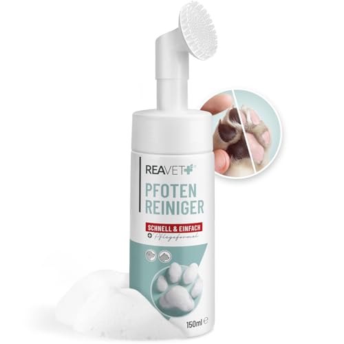ReaVET Pfotenreiniger für Hunde mit Pfotenschaum, Hundepfoten Reiniger, Pfoten waschen Hund ohne Abspülen, Pfotenpflege mit Hamamelis & Gurke, Dog Paw Cleaner, Paw Foam Cleaner 150ml