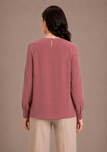 Image of Mirana Women's Full Sleeve Solid Top | Round Neck Pleated Front Regular Fit Office Casual Blouse with Button Cuffs
