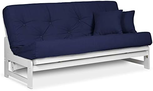 Arden White Futon Set Queen Size - Armless Futon Frame with Mattress Included (Twill Navy Blue), More Mattress Colors Available, Space Saving Modern Sofa Bed Sleeper