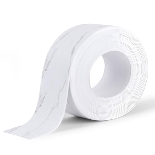 flintronic Rodapiés Autoadhesivo Flexible, 5m x 38mm Perfil PVC, Rodapie de Acabado Rodapiés Flexible Cinta Autoadhesiva para Cocina y Baño, Textura de Mármol Blanco