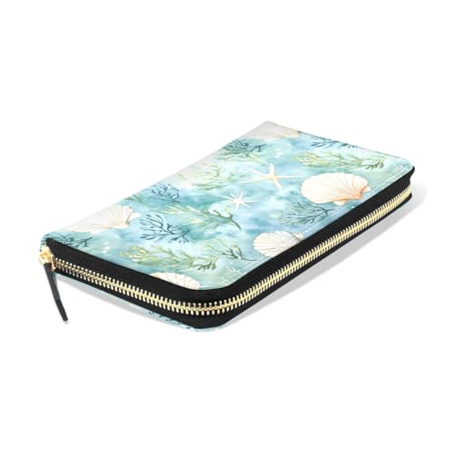 Long Wallets Leather Bifold Wallet for Women Watercolor Shells with Zipper Credit Card Holder Large Capacity3