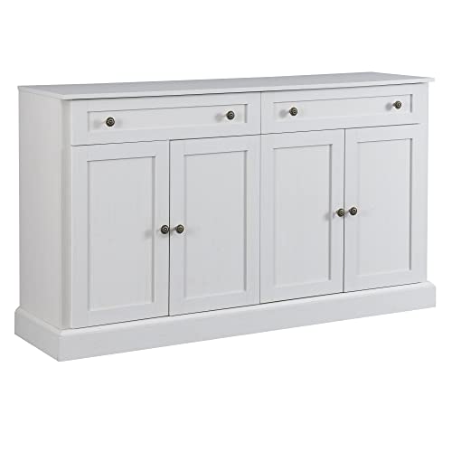 Azkoeesy Aparador Moderno de 4 Puertas y 2 Cajones - Mueble de Salón y Comedor (150x40x86 cm) en Color Blanco - Almacenamiento Elegante para Hogar
