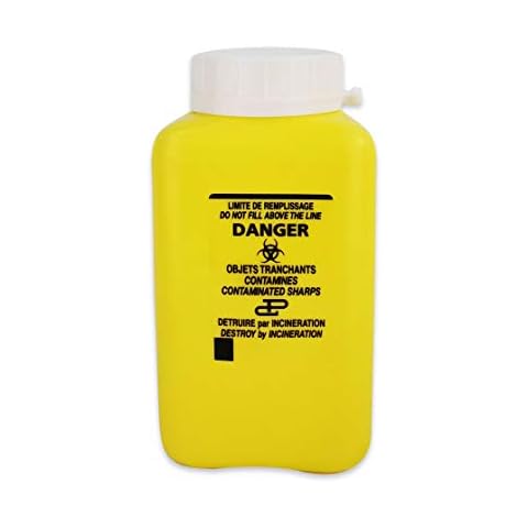 Podocure, Sharps and Biohazard Needle Disposal Plastic Container. Tatoo and Medical Waste Box. Safe Lock. for Home and Professional use. Yellow, 1 Litre. Cover