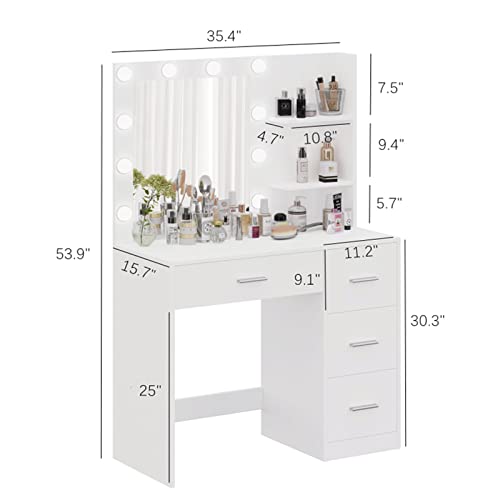 Rovaurx Makeup Vanity Table With Lighted Mirror, Makeup Vanity Desk With Storage Shelf And 4 Drawers, Bedroom Dressing Table, 10 Led Lights, White Rszt104W #TOP6