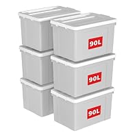 Cetomo 90L*6 Aufbewahrungsboxen, Aufbewahrungsbox mit Rollen & Deckel, Organizer-Behälter mit Clips, Stapelbar, Ineinander Nestbar, für Zuhause und Büro, Kunststoff, Grau, 90L-6er Pack