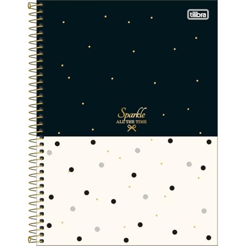 Tilibra - Caderno Espiral Capa Dura Universitário Connect 10 Matérias West Village 160 Folhas - Fundo Preto E Branco Bolinhas