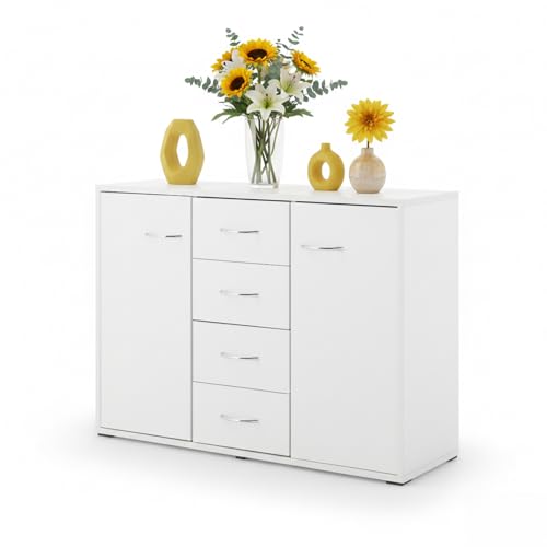 Sweetcrispy Kommode, Weißes Sideboard mit 4 Schubladen & 2 Türen, 88 × 30 × 64 cm, Viel Stauraum für Wohnzimmer, Flur & Schlafzimmer, Moderner Kommodenschrank