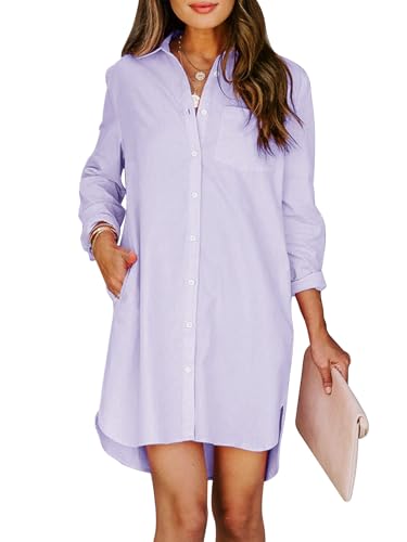 Image of Aoudery Womens Button Down Shirt Dresses with Pockets Cotton Button Up Tunics Long Sleeve Solid High Low Blouse Tops