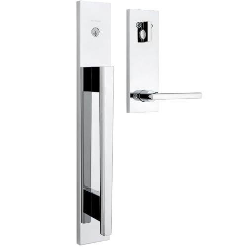 Image of Kwikset Caerus Front Door Lock Handle and Deadbolt Set, Entry Handleset Exterior with Interior Lever, Polished Chrome, SmartKey Re-Key Security, with KwikSlide, Door Handle Backplate Full Escutcheon