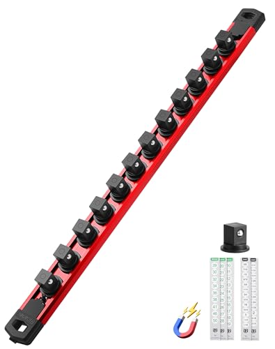 Image of ALOANES Magnetic Socket Organizer Set, 1 /2-Inch Drive Heavy Duty Aluminum Socket Rail Organizer, 360 Swivel Clips Socket Holder Kit for Toolbox Drawer Fit 1 /2-Inch x 12 Clips (Red, 1PC)