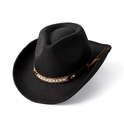 Gossifan - Gossifan Western Cowboy & Cowgirl Hat Felt Wide Brim Women Men Fedora Hats, Black, Medium