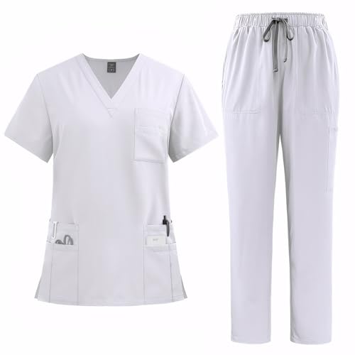 Meichoon Conjunto de uniforme médico para mujer, con cuello en V, manga corta, pantalones rectos, 8 bolsillos, cordón elástico, absorbe la humedad, DK77, blanco, M