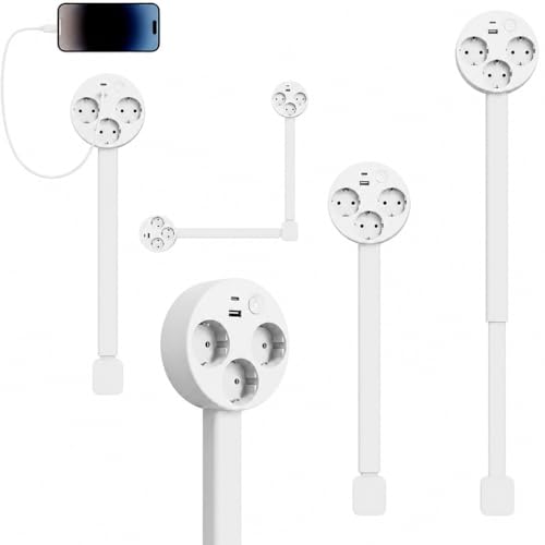 Alargador de enchufe extensible de 45 a 70 cm, 3 enchufes con USB-C y USB-A, regleta giratoria de 180° para enchufes de difícil acceso, extensible y giratoria para oficina, cocina y salón