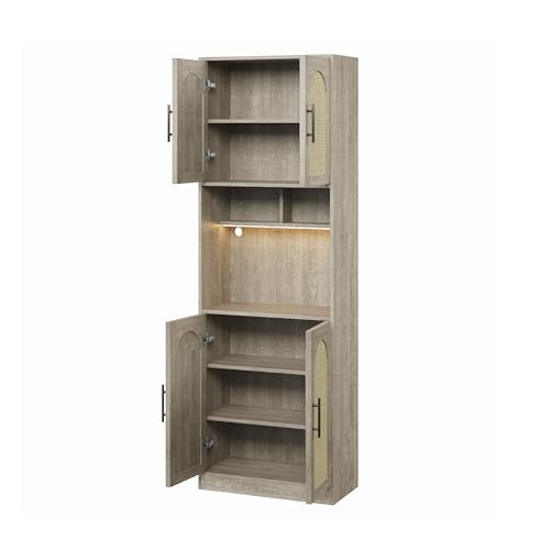 Image of IDEALHOUSE 71 inch Tall Pantry Cabinet with Countertop & LED Light Strip - Kitchen Storage Cabinet with Microwave Shelf & Adjustable Shelves, Farmhouse Kitchen Hutch for Dining Room, Oak
