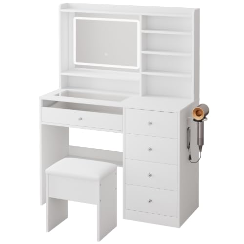 Image of LIVELYGLOW 39.4 inch White Vanity Desk Set with Glass Desktop & RGB Light Strip | Smart LED Mirror, Charging Station, Cushioned Stool, Hairdryer Rack, 4 Drawers